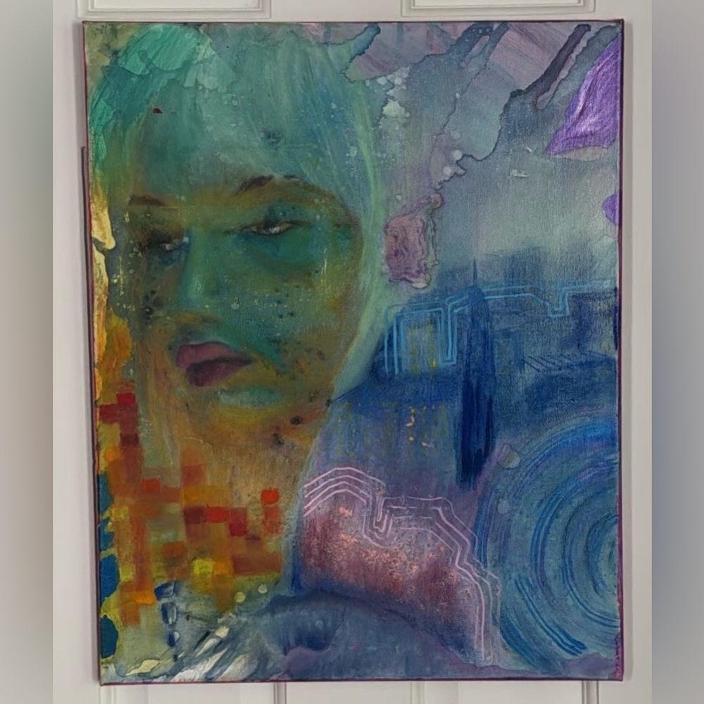 SOLD Abstract oil pastel on canvas painting ~20 x 16 in